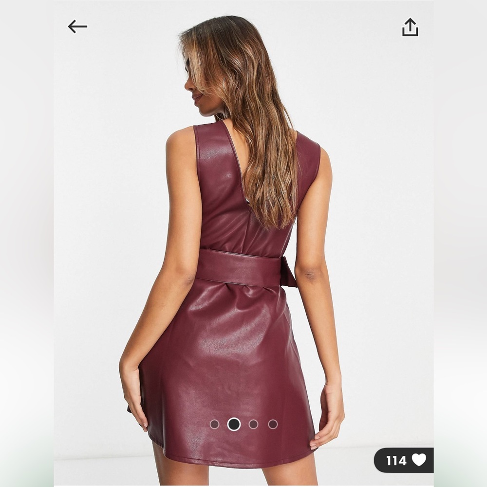 Miss Selfridge belted faux leather dress in burgundy - Picture 4 of 7